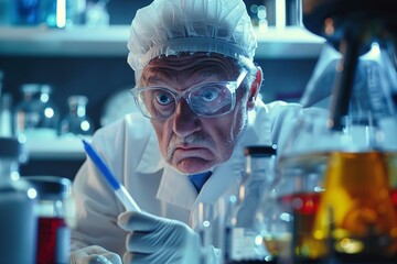 Medical theme funny crazy scientist is working in a laboratory