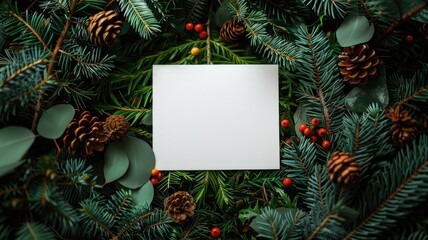 minimalist holiday card set against a background of evergreen branches and pine cones, providing a natural and serene festive design