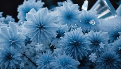 abstract background of frozen blue garden flowers in ice, water and milk