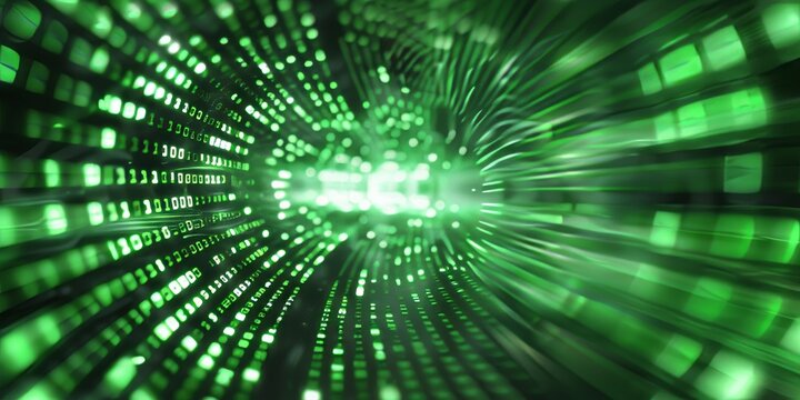 Digital background featuring green binary code with blurred speed lines in the foreground, creating an atmosphere of technology and data transfer.,