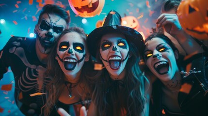 Obraz premium Group of Friends in Scary Halloween Costumes Celebrating at a Party