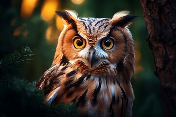 Close-up of a spectacular owl with vivid eyes perched in a mystical evening woodland setting
