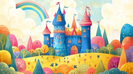 Whimsical Doodle Castle Amidst Joyful Clouds and Playful Nature - Imaginary Fairytale World Illustration