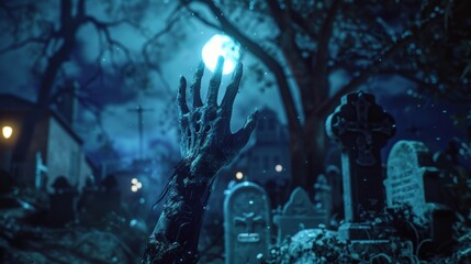 Spooky Full Moon Scene in Haunted Graveyard with Rising Zombie Hand