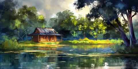 oil painting illustration of rural countryside of Southeast Asian , wooden cabin house at riverside, greenery landscape