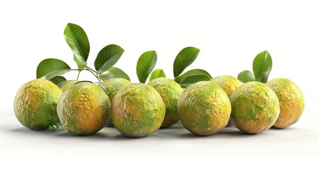 Long shot, photorealistic image of a cluster of fresh langsat fruits, arranged aesthetically, white isolated background, high detail and clarity, natural shadowing