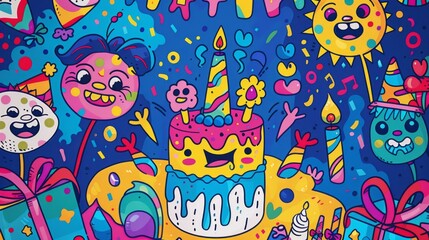 Obraz premium Festive Doodle Birthday Celebration with Colorful Cake, Happy Guests, and Fun Gifts in Party Hats