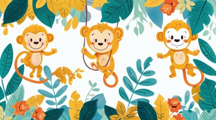 Happy Doodle Jungle with Smiling Leaves, Playful Vines & Silly Monkeys - Whimsical Illustration of Cheerful Forest Scene for Children's Art