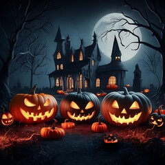 Halloween background with pumpkins and haunted house - 3D render. Halloween background with Evil Pumpkin. Spooky scary dark Night forrest. Holiday event halloween banner background concept. Generative