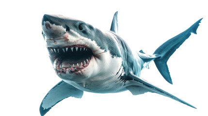 Great white sharks have wide mouths and sharp teeth. on a white background