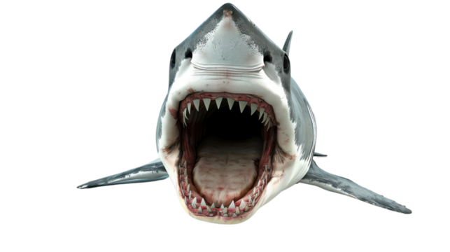 Great white sharks have wide mouths and sharp teeth. on a white background