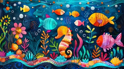Cheerful Doodle Fish and Smiling Seahorses in Playful Underwater Scene