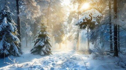 A snow-covered forest with sunlight through the trees.