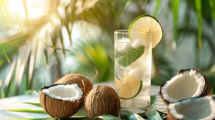 Refreshing coconut water glass with coconuts and leaves tropical.