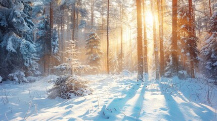 A snow-covered forest with sunlight filtering through the trees.
