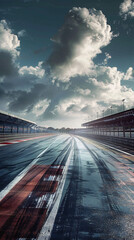 Fototapeta premium View of an empty racing track under a dramatic cloudy sky. Perfect for campaigns focused on motorsports, adrenaline experiences, and the automotive industry