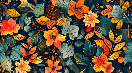 Vibrant Autumn Floral Pattern with Lush Tropical Foliage and Blooming Botanical Elements
