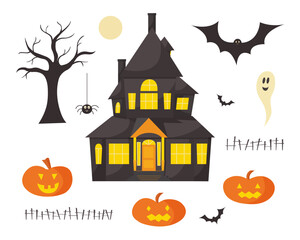 Happy Halloween isolated vector elements for design, print on transparent background. Collection of cute spooky characters ghost, pumpkin, bat, spider, house