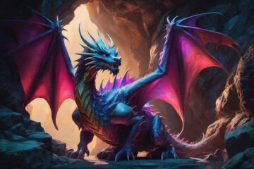 Generative AI, Fantasy dragon nestled within a hidden cave in stunning mountains. The dragon, with its shimmering scales and fiery eyes, adds a mystical aura to the already captivating landscape.