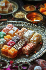 Traditional Eid Sweets Close-up., Eid feast, Islamic celebration, Family feast.