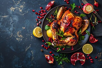 a chicken on a plate with lemons and herbs - Powered by Adobe