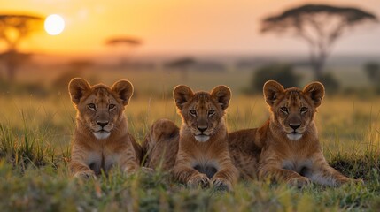 three young lion cub lay down together on savannah grass field with sunset sky