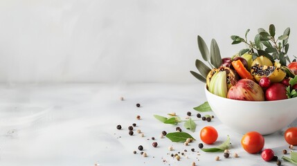 a bowl of fruit and vegetables on a table with leaves and seeds