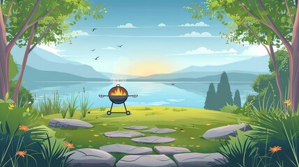 summer activities barbecue cooking flat design front view lakeside event cartoon drawing Split-complementary color scheme
