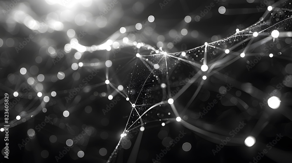 Poster abstract black and white image of interconnected nodes and lines, representing a network or technolo