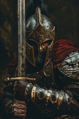 Portrait of a courageous ancient warrior wearing armour