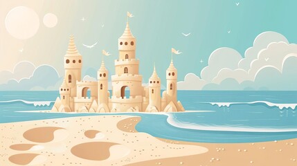 summer activities going to the beach setup flat design side view sandcastle building water color Monochromatic Color Scheme
