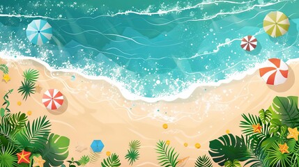 summer activities going to the beach illustration flat design top view seaside fun cartoon drawing vivid