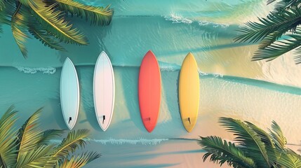 summer activities going to the beach adventure flat design top view surf session 3D render Triadic Color Scheme