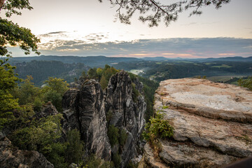Landscape shot in the morning in a rocky landscape. On and around the Bastei Bridge in the Elbe...