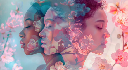 An ethereal double exposure artwork featuring three stunning multiethnic women with closed eyes, their faces adorned in delicate pastel colored floral designs.