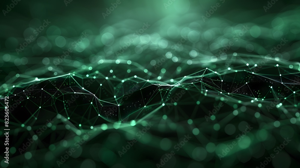 Poster abstract digital landscape with connected lines and dots in a futuristic green glowing network backg