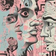 Abstract Composition of Three Distinct Faces with Various Expressions in the Center