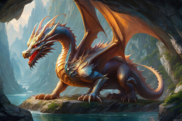 Generative AI, Fantasy dragon nestled within a hidden cave in stunning mountains. The dragon, with its shimmering scales and fiery eyes, adds a mystical aura to the already captivating landscape.