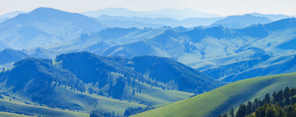 Green meadows and forests, spring, evening light, hilly countryside, banner	