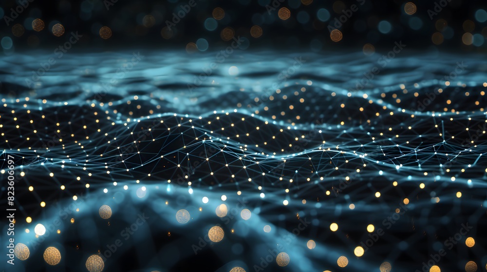 Poster abstract digital landscape with glowing dots and lines representing big data and network connections