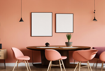 Speisezimmer in der Trendfarbe peach fuzz mit Stühlen und blanko Bilderrahmen, copy space