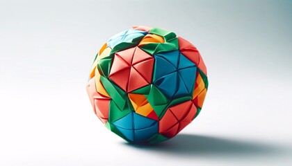 An origami football made from colorful paper, showing detailed folds and creases typical of origami