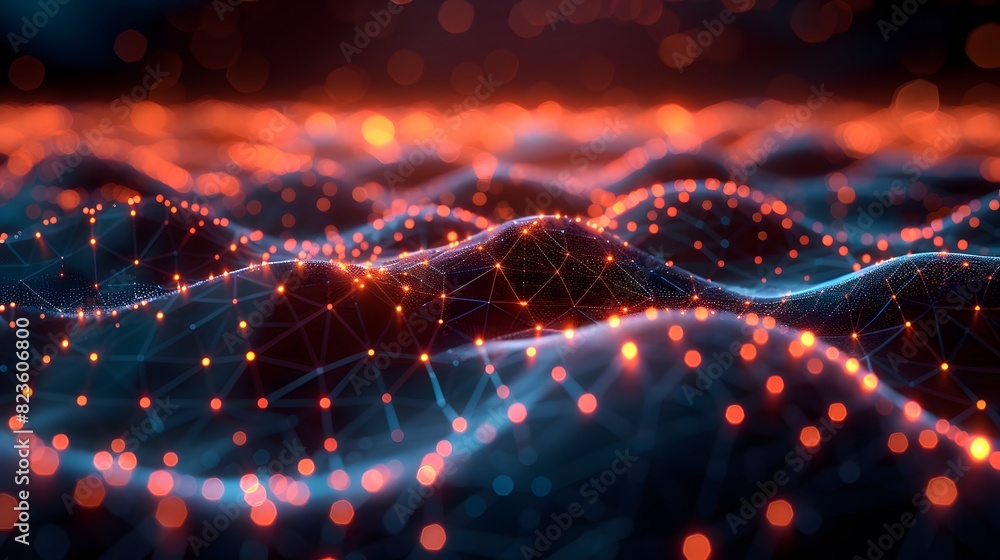 Poster abstract digital landscape with glowing network connections forming a wave-like pattern, showcasing 