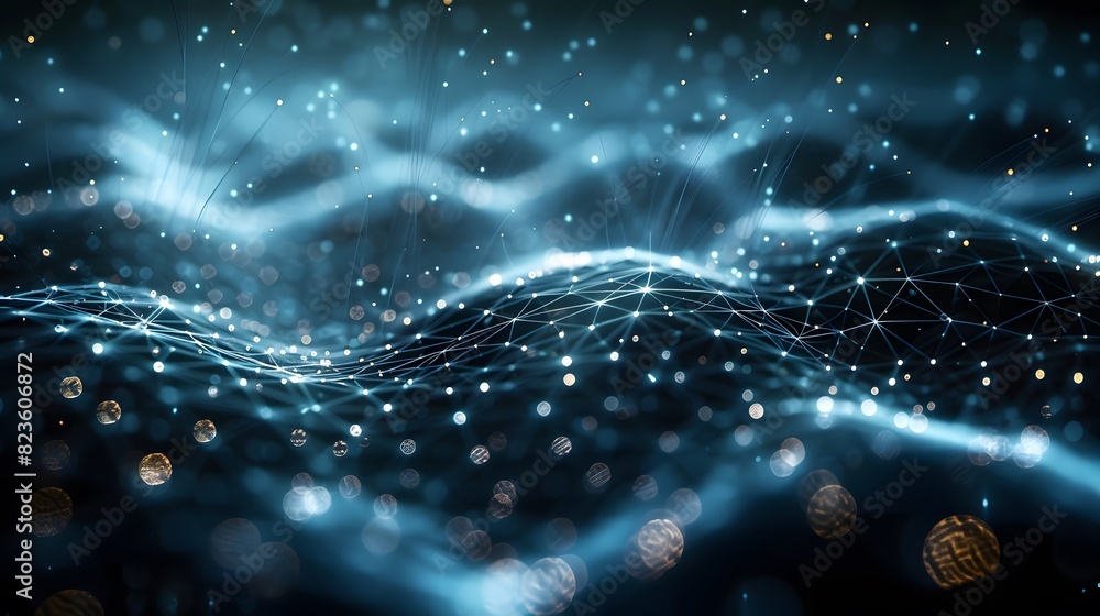 Poster abstract digital landscape with glowing particles, representing data flow, technology, and connectiv
