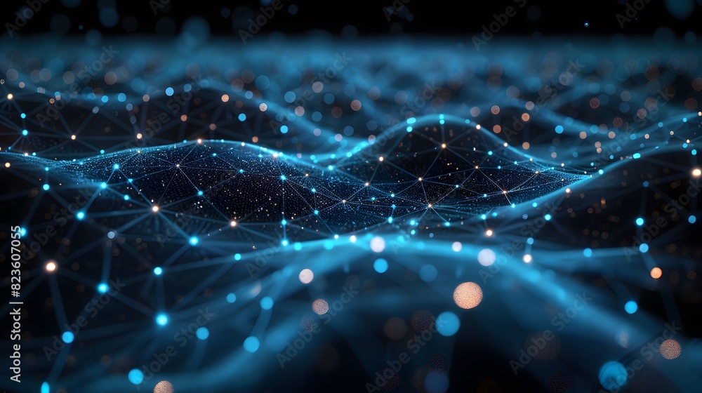 Poster abstract digital landscape with interconnected nodes and lines, representing data, communication, an
