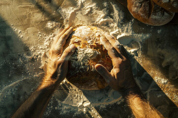 Hands with freshly baked round bread on a table covered with flour, top view
