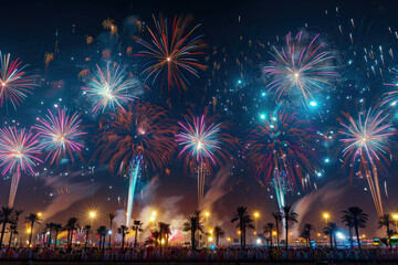 Obraz premium Colorful Fireworks Celebration at Night, Eid feast, Islamic celebration, Family feast.