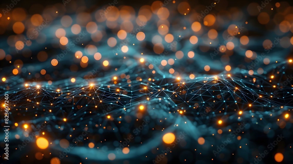 Poster abstract digital network and data visualization with glowing orange and blue particles. futuristic t