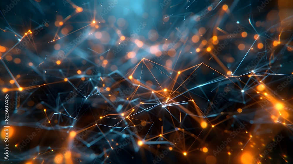 Poster abstract digital network background featuring interconnected orange and blue glowing lines and point
