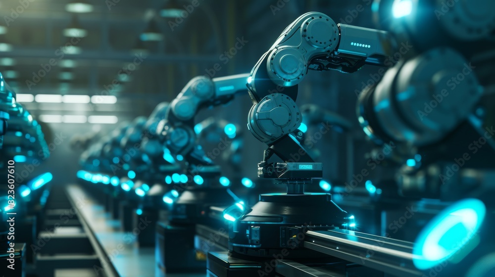 Poster a row of robotic arms with blue illumination efficiently working on an assembly line in a modern fac